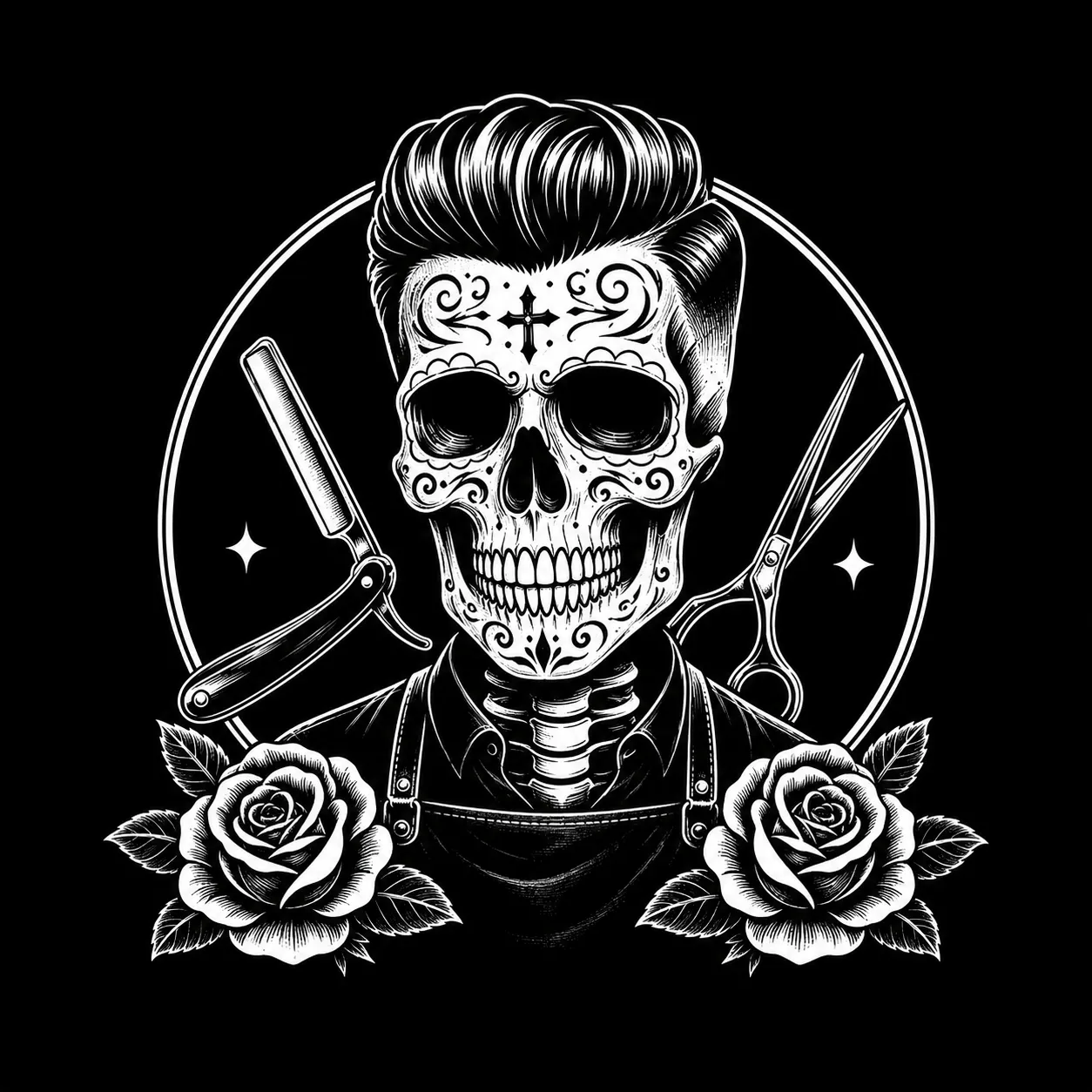 Andrés El Barber skull artwork — pompadour sugar skull with razor, scissors and roses